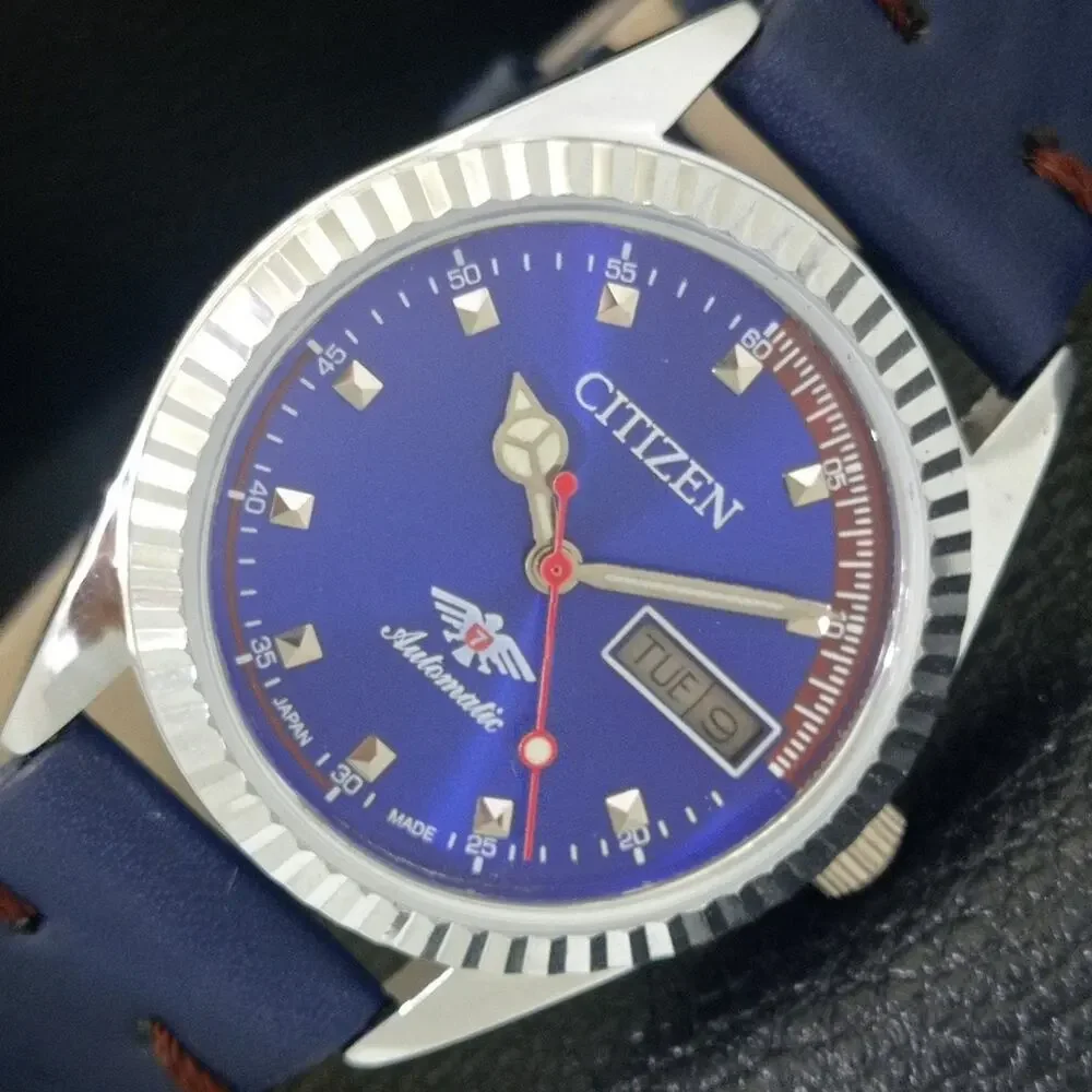 Vintage 1970 Citizen Automatic Mens Silver Watch W/daydate & Blue accents